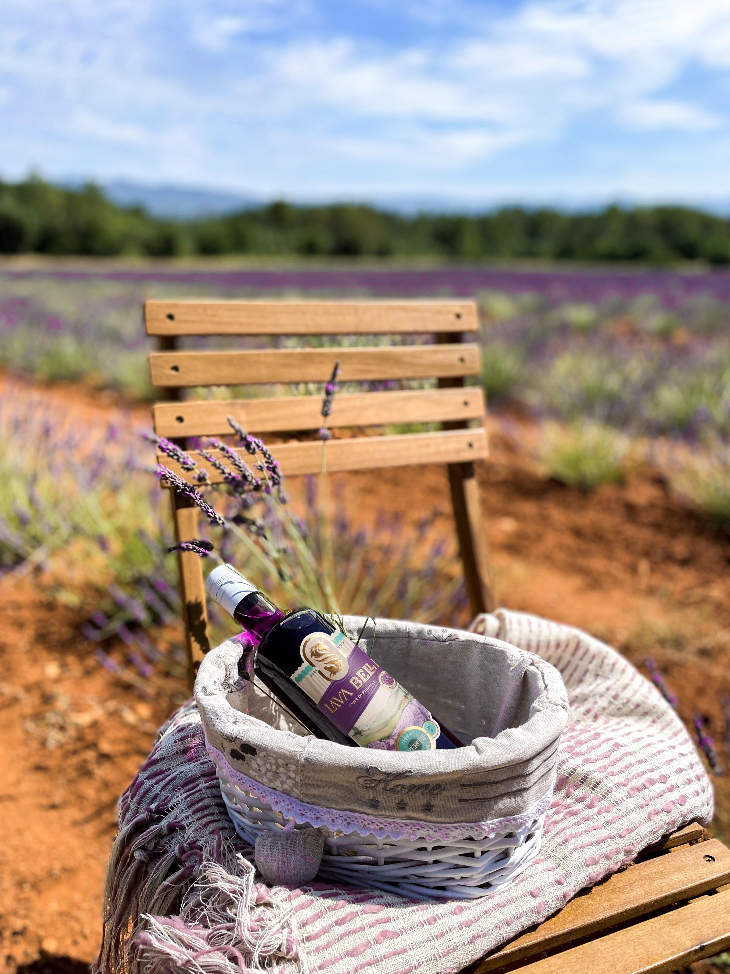 Eine Flasche Lav'a Belle in einem Korb auf einem Stuhl in Mitten eines Lavendelfeldes kurz vor Ernte in der französischen Provence