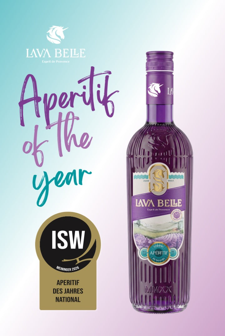 Flasche Lav'a Belle Apéritif mit dem ISW-Siegel „Aperitif des Jahres national 2026“ des Meininger Verlags